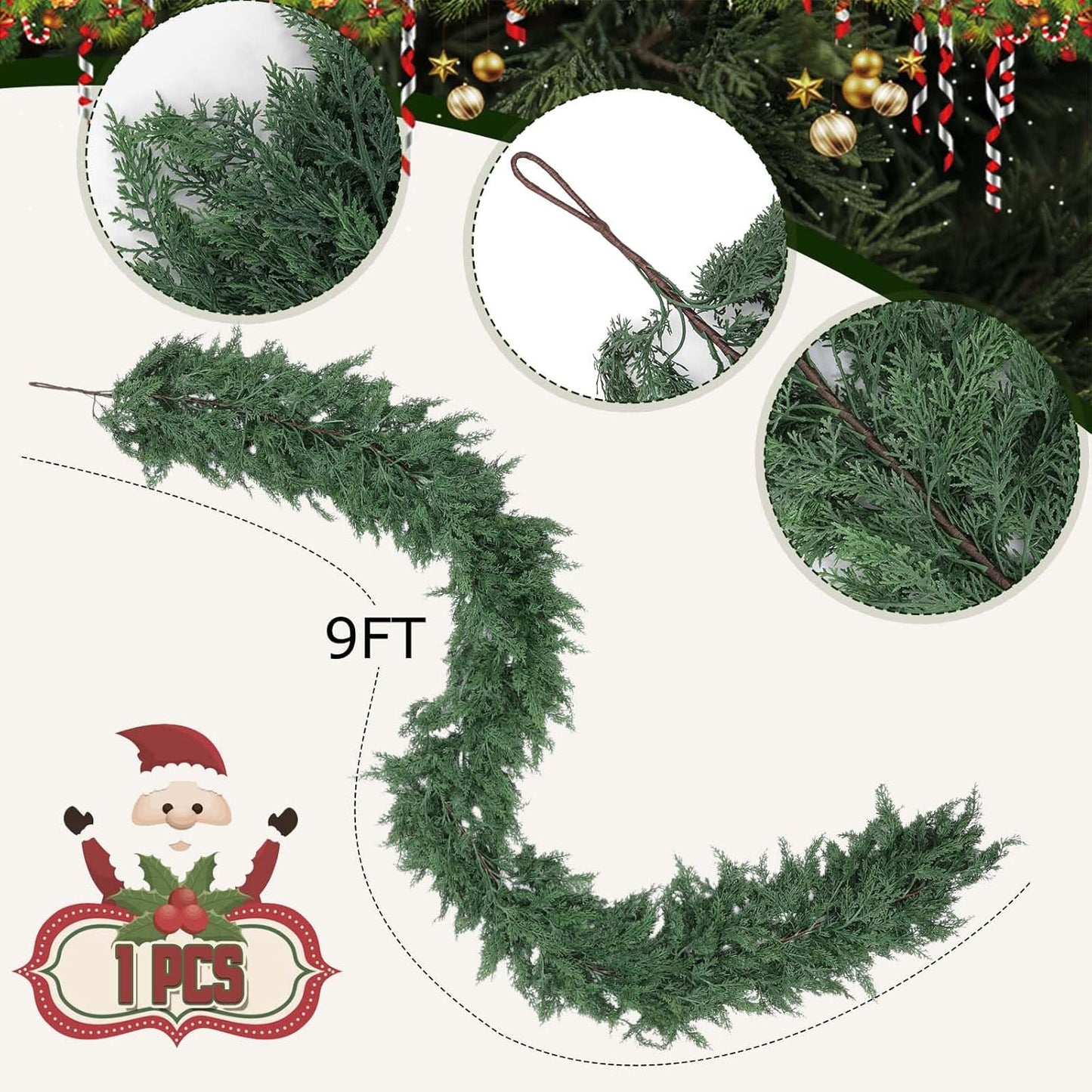 Merry Homegoods™ 9 FT Artificial Cedar Garlands, Real Touch Winter Cedar Pine Garland